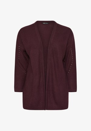Burgunderfarbener Cardigan mit offenem Vorderteil aus strukturiertem Strickstoff. Verfügt über Dreiviertelärmel und dekorative Lochdetails an den Schultern.