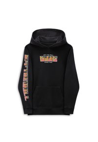Black hoodie featuring a front logo with "OFF THE WALL" text and graphic accents. Includes a kangaroo pocket and ribbed cuffs.