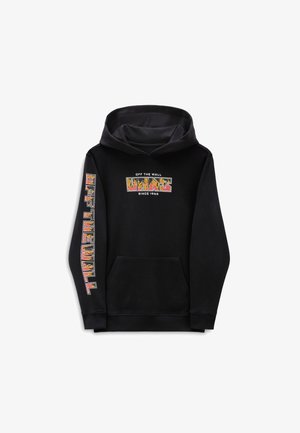 Hoodie noir avec un logo sur le devant affichant le texte "OFF THE WALL" et des accents graphiques. Comprend une poche kangourou et des poignets côtelés.
