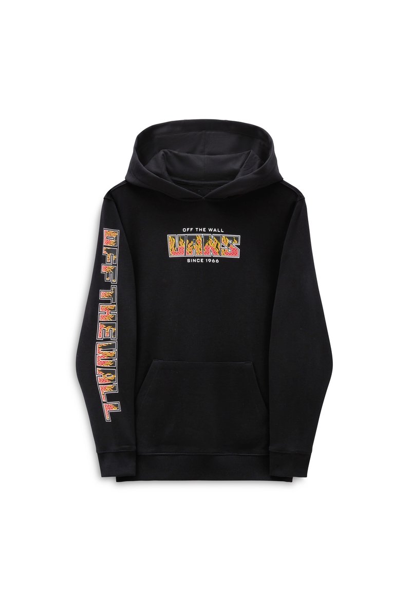 Black hoodie featuring a front logo with "OFF THE WALL" text and graphic accents. Includes a kangaroo pocket and ribbed cuffs.