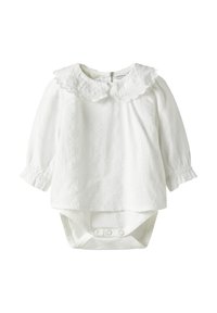 Weißer langärmliger Body mit gerafftem Kragen, strukturierter Stoff und Knopfverschluss am unteren Teil. Weiches Material mit gerafften Ärmeln.