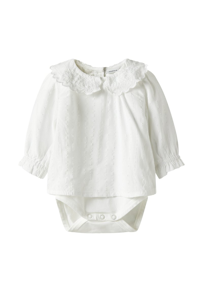 Weißer langärmliger Body mit gerafftem Kragen, strukturierter Stoff und Knopfverschluss am unteren Teil. Weiches Material mit gerafften Ärmeln.