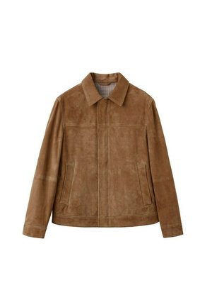 Veste en daim marron avec col, poches avant et coutures visibles, disposée à plat sur un fond blanc.