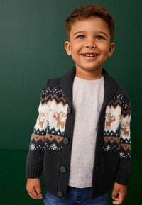 Jeune garçon souriant portant un cardigan en maille foncé avec des motifs de rennes sur une chemise gris clair, sur fond vert.