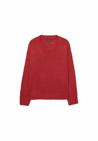 Rode gebreide trui met een V-hals, lange mouwen, en geribde manchetten en zoom. Heeft een losse pasvorm en een gestructureerde stof.
