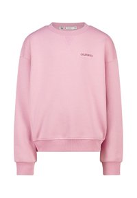 Sudadera de color rosa claro con mangas largas, cuello redondo, puños acanalados y un pequeño texto bordado "CALIFORNIA" en la parte frontal.