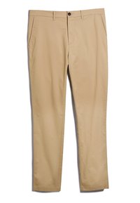 Beige katoenen chinos met een recht model, voorzien van zijzakken, een sluiting met een knoop aan de voorkant en een gladde, geweven textuur.