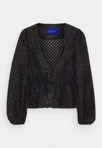 Veste noire cropped avec un tissu texturé et étincelant, un design en V et des manches bouffantes. L'intérieur est doublé de manière fluide.