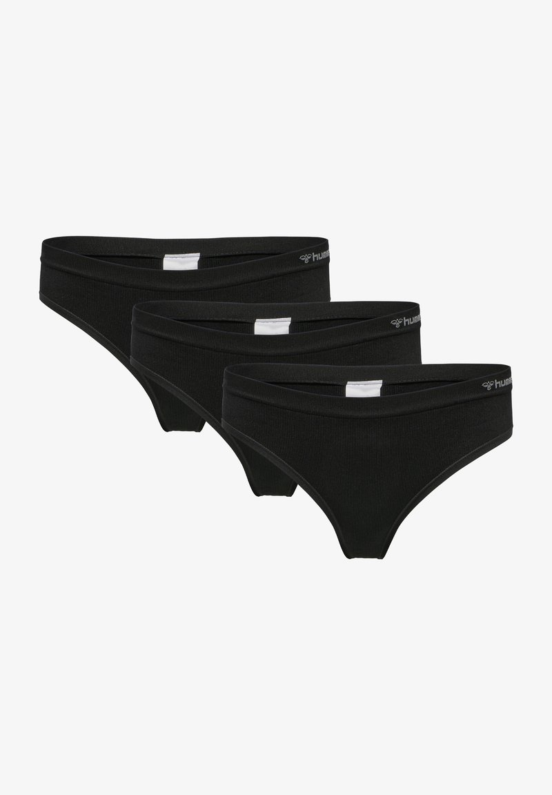 Mutande nere in cotone elasticizzato in un pacco da tre, con design a vita bassa, elastico in vita e superficie liscia. Nessun motivo o decorazione visibile.