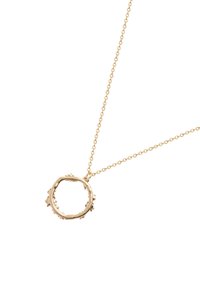 Gold necklace with a thin chain and a circular pendant featuring textured edges and small spikes around the perimeter.