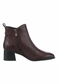 Burgundy nilonjoo made of smooth leather with a pointed toe, side zipper, and a textured black block heel. Stitching accents along the edges.