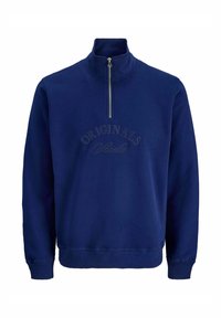 Felpa blu navy con colletto a zip a un quarto, polsini a coste e testo ricamato "ORIGINALS" sul petto. Materiale morbido in misto cotone.