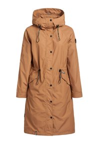 Parka marrone con cappuccio, caratterizzato da dettagli neri, vita con coulisse, bottoni a pressione e tasche laterali. Realizzato in tessuto liscio e leggero.