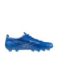 Stivali da calcio blu realizzati in materiale sintetico testurizzato con un design elegante, caratterizzati da accenti gialli e tacchetti trasparenti per una migliore trazione.