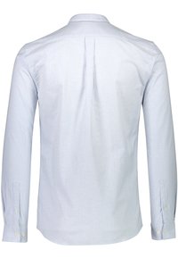 Camicia a maniche lunghe a righe in azzurro chiaro e bianco, con colletto classico, polsini abbottonati e una piega centrale sul retro.