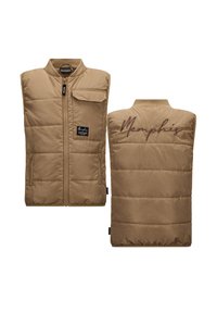 Beige gefütterte Weste mit hohem Kragen, vorderem Reißverschluss, Brusttasche und gesticktem "Memphis" auf dem Rücken. Der Stoff wirkt glatt und strukturiert.