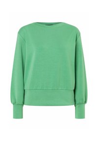 Grüner Sweatshirt aus weichem Stoff, mit Rundhalsausschnitt, langen Ärmeln mit elastischen Bündchen und einem lockeren Schnitt. Glatte Textur, einfarbig.