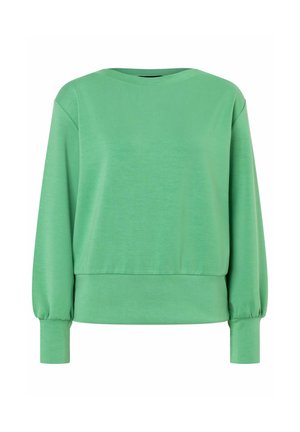 Groene sweatshirt gemaakt van zachte stof, met een ronde halslijn, lange mouwen met elastische manchetten en een relaxte pasvorm. Gladde textuur, effen kleur.