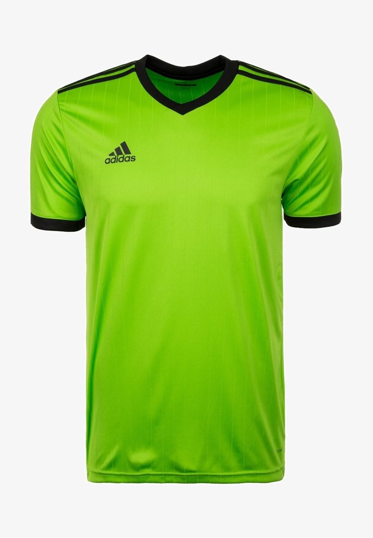 Zelený sportovní dres Adidas s černými akcenty. Výstřih do V, krátké rukávy a vertikální pruhy na látce. Lehký materiál.