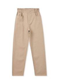 Pantaloni beige a vita alta con elastico in vita, design a cinque tasche e vestibilità rilassata. Realizzati in resistente tessuto di cotone.