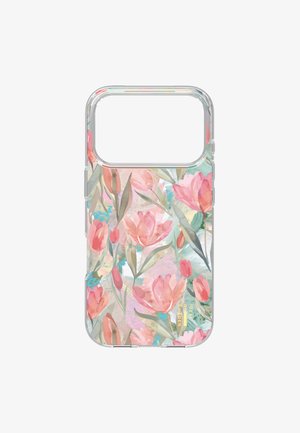 Coque de téléphone transparente avec un motif floral rose et corail mettant en avant des tulipes et des feuilles vertes, avec le texte "Ideal Sweden" en or en bas.