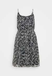 Vestido negro con flores de tirantes finos, que presenta un ajuste holgado, cintura fruncida y un delicado estampado floral en blanco y azul claro.