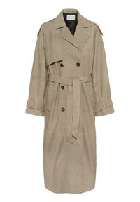 Trench-coat beige croisé à ceinture, avec larges revers, sangles boutonnées aux poignets et épaulettes.