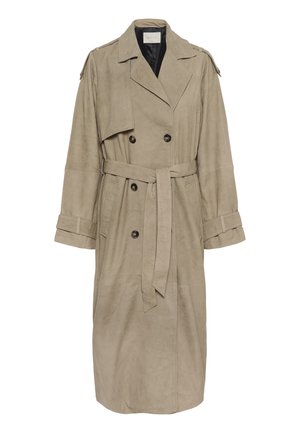 Trench-coat beige croisé à ceinture, avec larges revers, sangles boutonnées aux poignets et épaulettes.