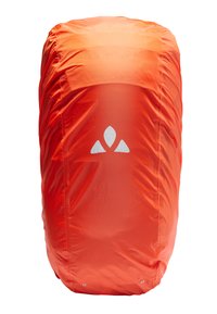Fel oranje waterdichte rugzakhoes met een gestructureerd oppervlak en een zilveren logo-detail. Vormgegeven om over standaard rugzakken te passen.
