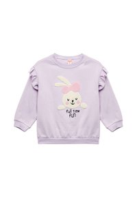 Sudadera lilas con bordado de conejito esponjoso, mangas con volantes y la frase "diversión a tiempo completo" en negro, con cuello redondo y puños de canalé.