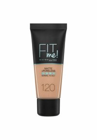 Fondotinta Maybelline Fit Me! in un tubo schiacciabile. Cappuccio nero, corpo beige, etichettato "Matte + Poreless" e "120." Studiato per pelli normali a grasse.