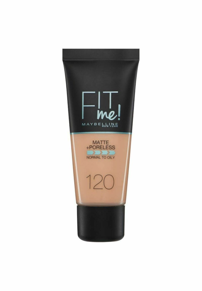 Fondotinta Maybelline Fit Me! in un tubo schiacciabile. Cappuccio nero, corpo beige, etichettato "Matte + Poreless" e "120." Studiato per pelli normali a grasse.