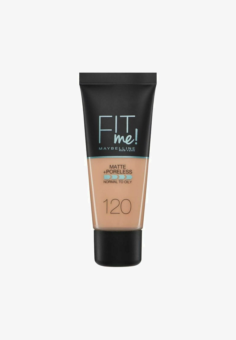 Fondotinta Maybelline Fit Me! in un tubo schiacciabile. Cappuccio nero, corpo beige, etichettato "Matte + Poreless" e "120." Studiato per pelli normali a grasse.