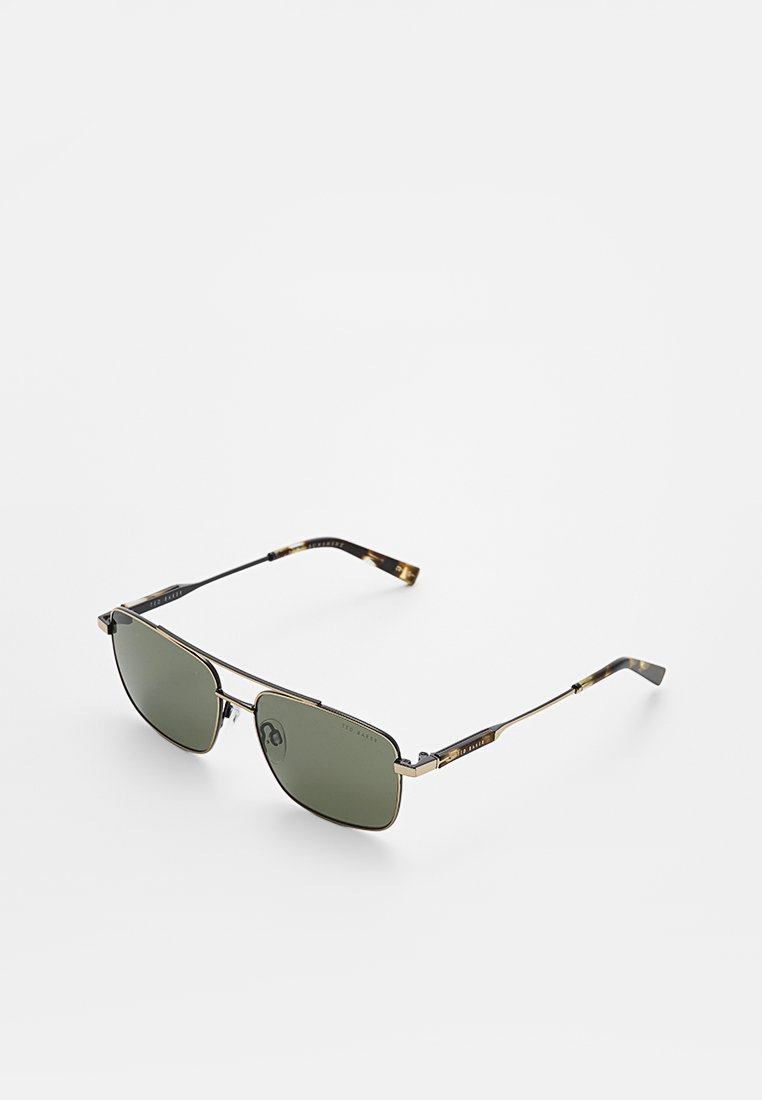 Sonnenbrille mit grünen Gläsern, Metallrahmen in Gold und Schwarz, eckige Form, strukturierte Bügel mit Akzenten im Schildpattmuster.