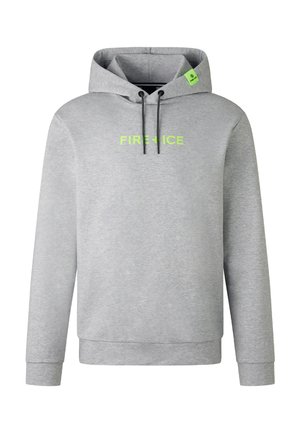 Hoodie gris avec une poche kangourou, capuche avec corde de serrage réglable et logo néon vert "FIRE + ICE" sur la poitrine. Texture de tissu douce.