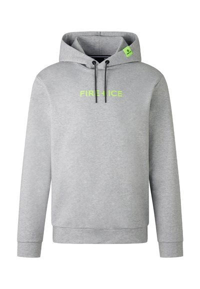 Grauer Kapuzenpullover mit Kängurutasche, verstellbarem Kordelzug an der Kapuze und leuchtend grünen "FIRE + ICE"-Logo auf der Brust. Weiches Stoffgefühl.
