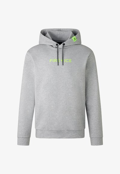 Grauer Kapuzenpullover mit Kängurutasche, verstellbarem Kordelzug an der Kapuze und leuchtend grünen "FIRE + ICE"-Logo auf der Brust. Weiches Stoffgefühl.