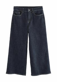 Jeans de denim azul oscuro de pierna ancha con alta cintura, diseño de cinco bolsillos, cierre de botón y detalles de costura sutiles. Textura suave en todo el tejido.
