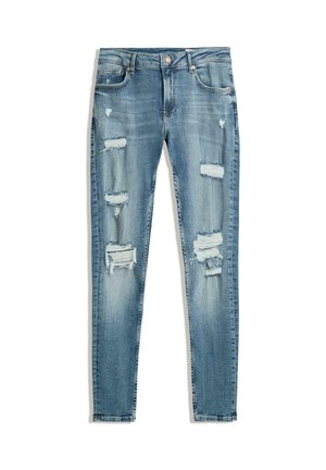 Úzké džíny z modrého denimu, s několika obnošenými místy a třepenými okraji. Klasický pětipocket design s zapínáním na knoflík.
