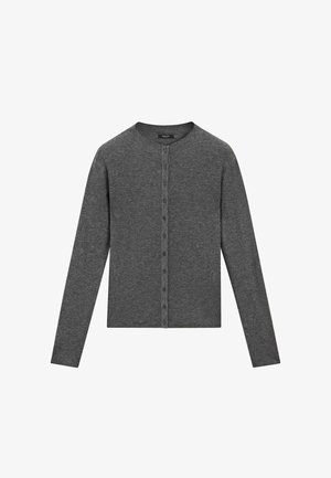 Gray ribbed cardigan with a round neck, button closure down the front, and long sleeves. Soft texture with a classic, fitted design.
