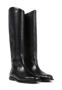 Knee-high black leather boots with a smooth texture, rounded toe, minimal hardware, and a flat sole. Design is sleek and uniform.