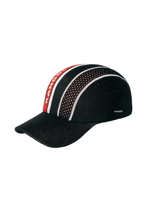 Cappellino da baseball nero in maglia con strisce rosse e bianche e logo "KANGOL" sul lato e una striscia sulla parte superiore.
