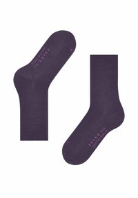 Calzini viola scuro con una texture liscia. Ogni calzino presenta un testo stampato in viola chiaro che indica la taglia e il marchio sulla suola.