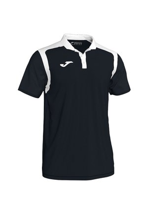 Polo à manches courtes noir et blanc avec col blanc, patte de boutonnage et logo sur la poitrine droite.