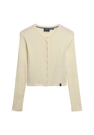 Strikket cremefarvet cardigan med V-hals, lange ærmer og knaplukning. Har struktureret mønster og cropped design. Mærkeetiket ved kanten.