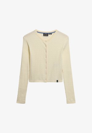 Gebreide crèmekleurige cardigan met een V-hals, lange mouwen en knoopsluiting. Kenmerkt zich door een textuurpatroon en een verkort ontwerp. Merklabel aan de zoom.