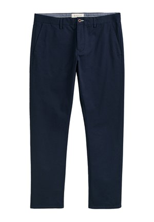 Námořnické bavlněné kalhoty se střihem rovného nohavice, zapínáním na knoflík a bočními kapsami. Hladká textura a minimalistický styl.
