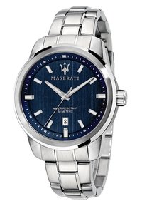 Orologio Maserati con quadrante blu testurizzato, casse in acciaio inossidabile argentato, numeri indicativi delle ore e display della data alle 6. Resistente all'acqua fino a 50 metri.