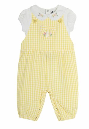 Gul gingham romper med en hvid krave, to forreste knapper og blomsterbroderi på lommen. Blødt, letvægts bomuldsstof.