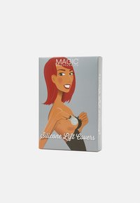 Emballage gris pour les "Couvercles en silicone", présentant une illustration colorée d'une femme aux cheveux rouges, tenant un couvercle en silicone.